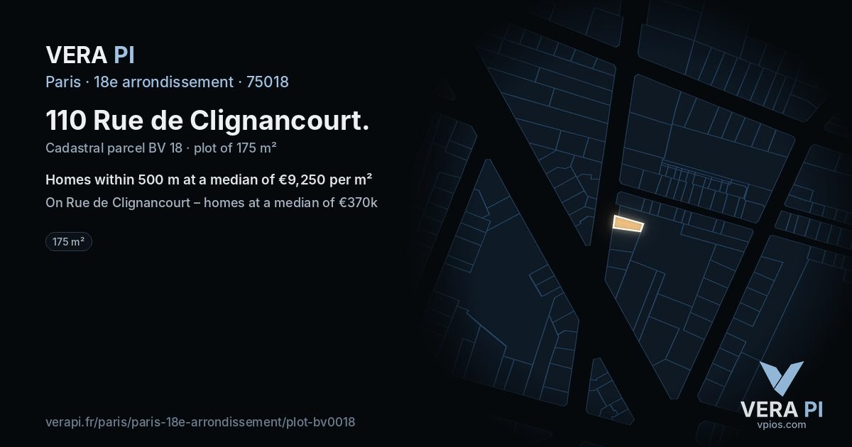 110 Rue de Clignancourt, 18e arrondissement at night – the plot lit, the parcels around coloured by the prices near them