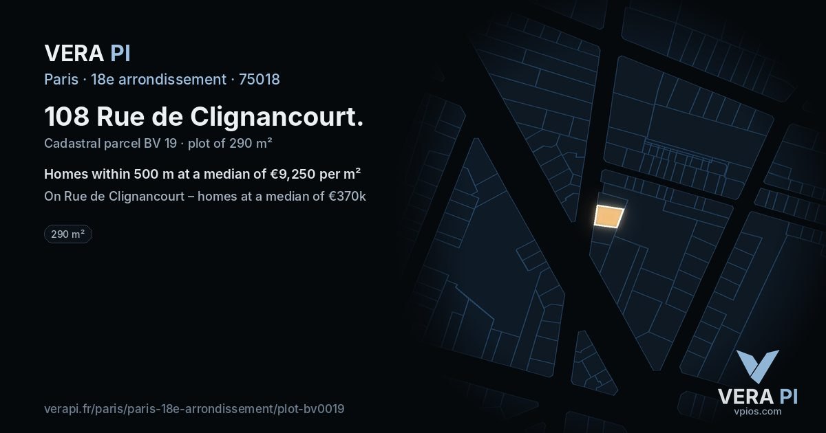 108 Rue de Clignancourt, 18e arrondissement at night – the plot lit, the parcels around coloured by the prices near them