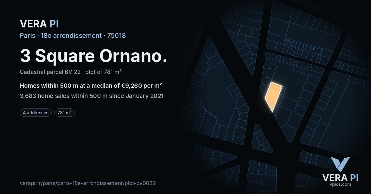 3 Square Ornano, 18e arrondissement at night – the plot lit, the parcels around coloured by the prices near them