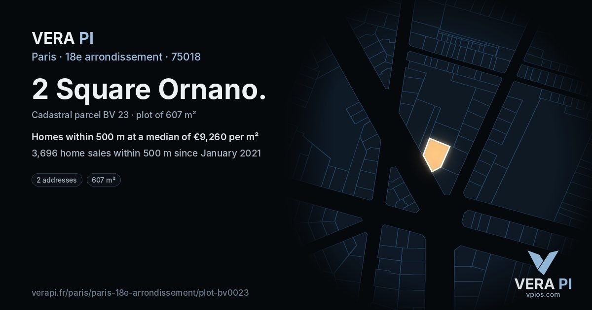 2 Square Ornano, 18e arrondissement at night – the plot lit, the parcels around coloured by the prices near them