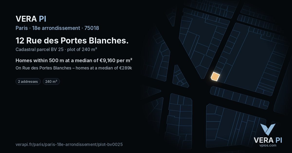 12 Rue des Portes Blanches, 18e arrondissement at night – the plot lit, the parcels around coloured by the prices near them