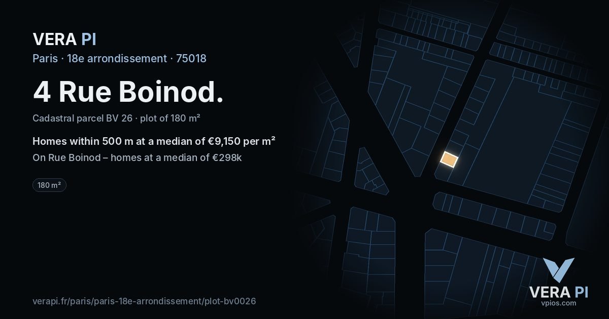 4 Rue Boinod, 18e arrondissement at night – the plot lit, the parcels around coloured by the prices near them