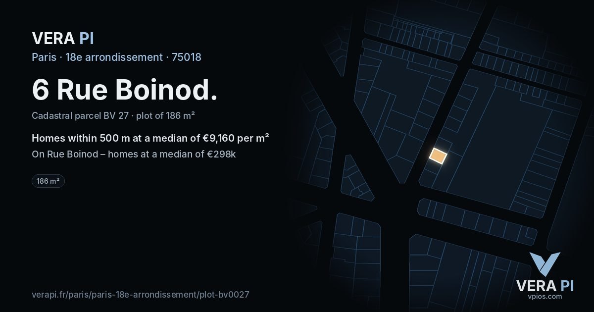 6 Rue Boinod, 18e arrondissement at night – the plot lit, the parcels around coloured by the prices near them