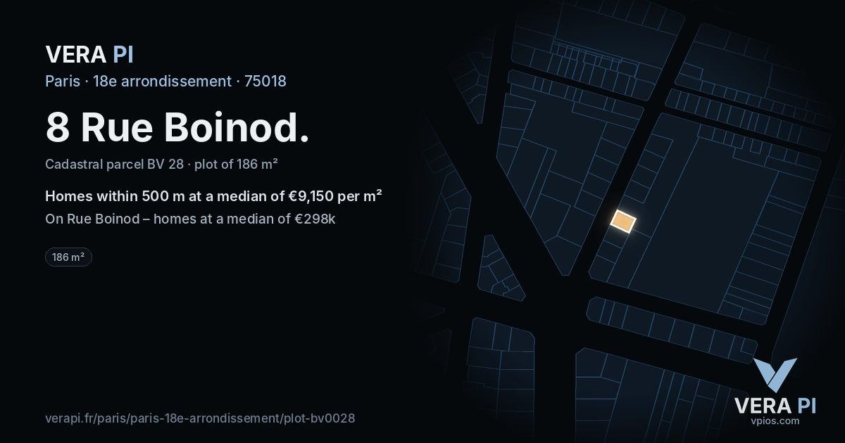 8 Rue Boinod, 18e arrondissement at night – the plot lit, the parcels around coloured by the prices near them