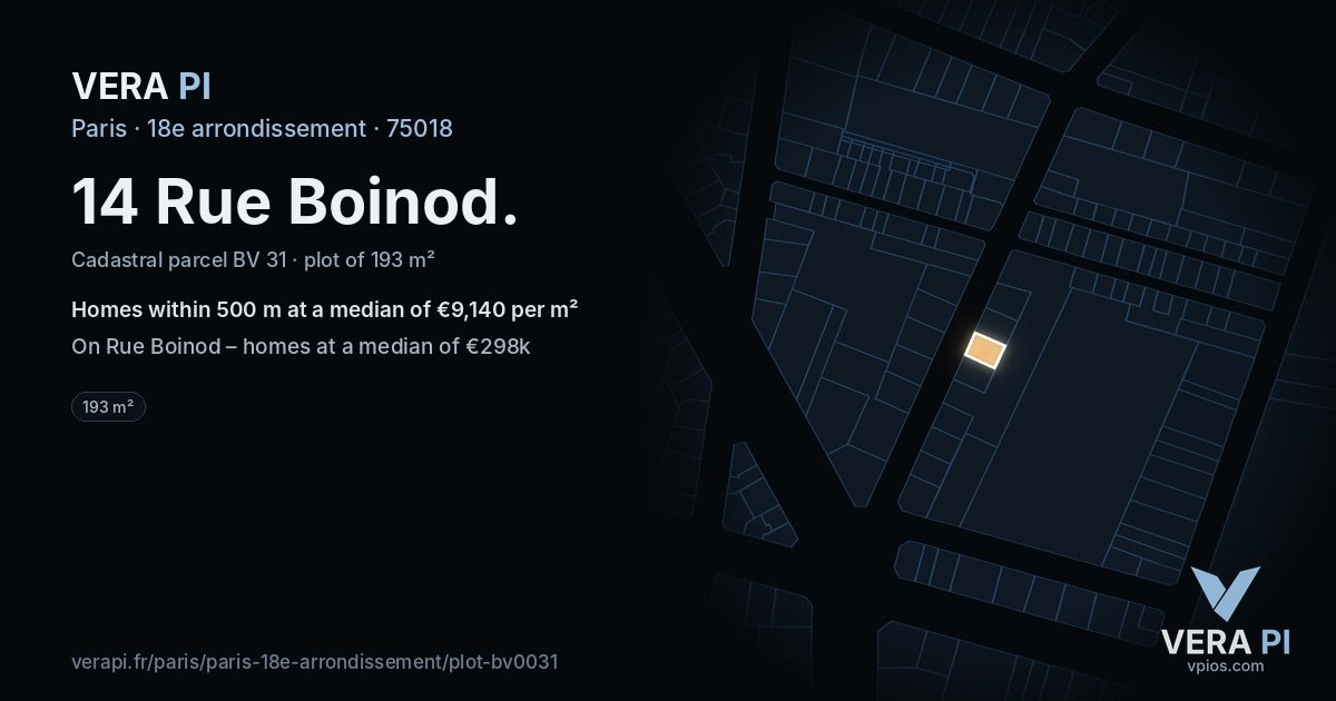 14 Rue Boinod, 18e arrondissement at night – the plot lit, the parcels around coloured by the prices near them