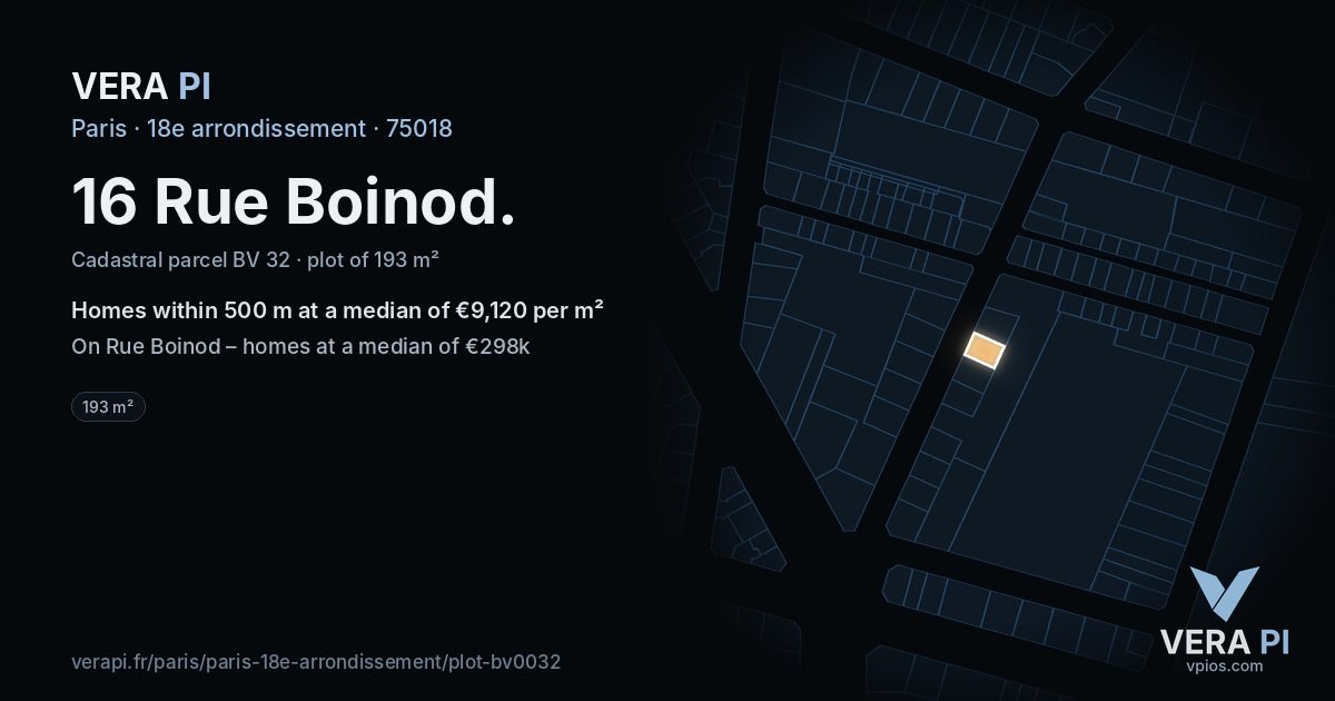 16 Rue Boinod, 18e arrondissement at night – the plot lit, the parcels around coloured by the prices near them