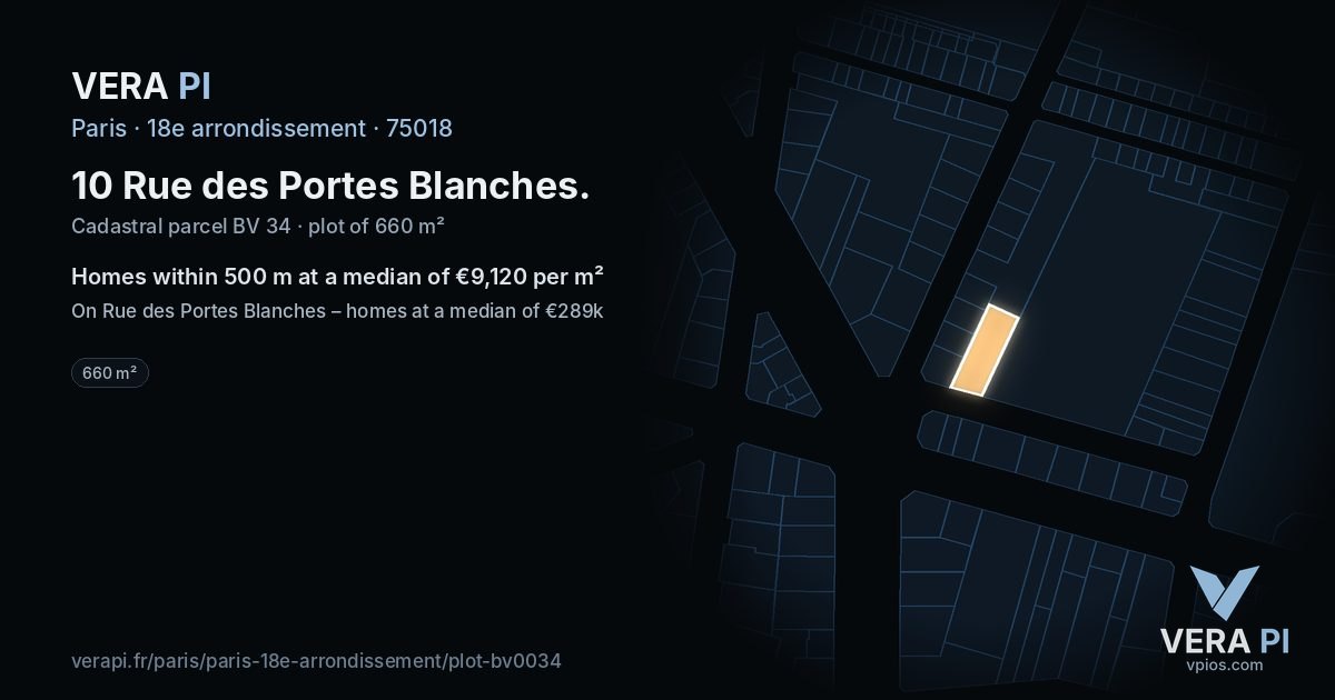 10 Rue des Portes Blanches, 18e arrondissement at night – the plot lit, the parcels around coloured by the prices near them