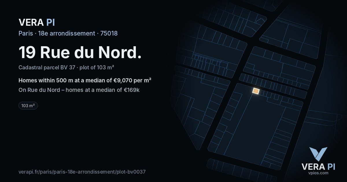 19 Rue du Nord, 18e arrondissement at night – the plot lit, the parcels around coloured by the prices near them