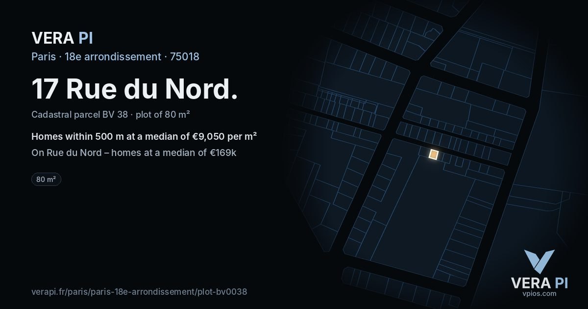 17 Rue du Nord, 18e arrondissement at night – the plot lit, the parcels around coloured by the prices near them
