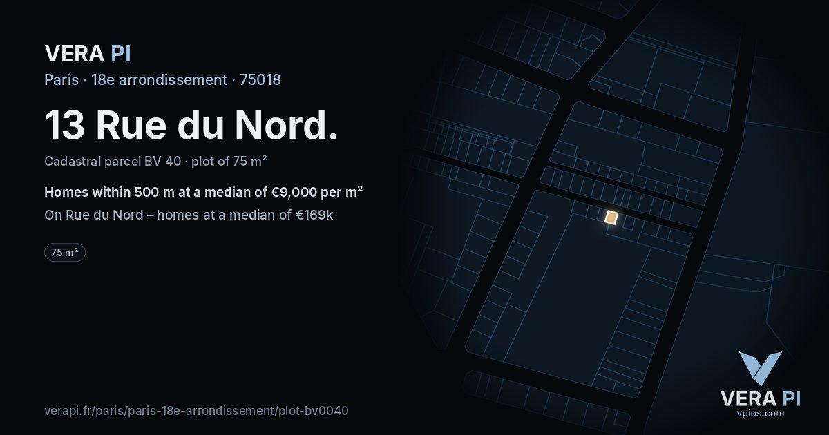 13 Rue du Nord, 18e arrondissement at night – the plot lit, the parcels around coloured by the prices near them