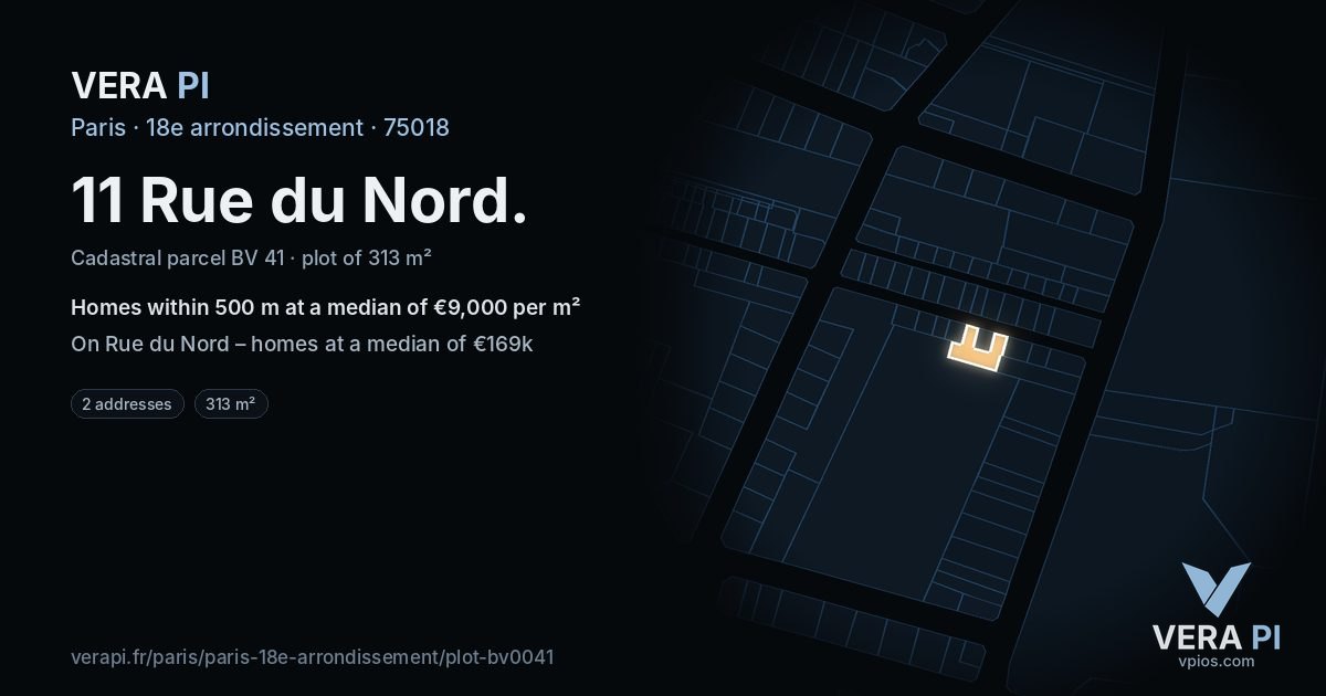 11 Rue du Nord, 18e arrondissement at night – the plot lit, the parcels around coloured by the prices near them