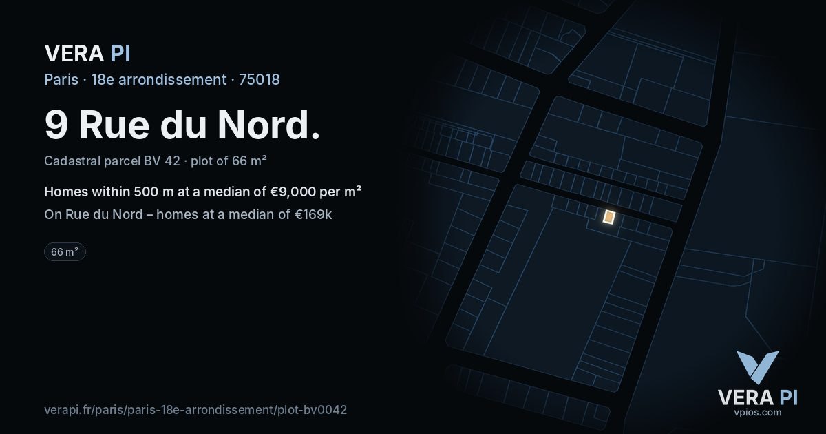 9 Rue du Nord, 18e arrondissement at night – the plot lit, the parcels around coloured by the prices near them