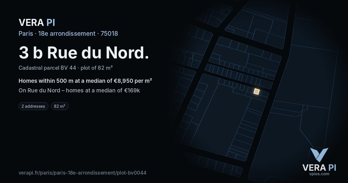 3 b Rue du Nord, 18e arrondissement at night – the plot lit, the parcels around coloured by the prices near them