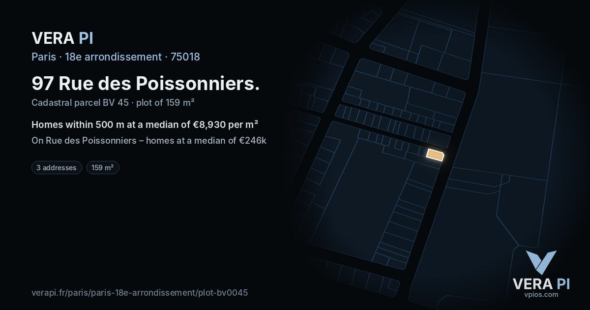 97 Rue des Poissonniers, 18e arrondissement at night – the plot lit, the parcels around coloured by the prices near them
