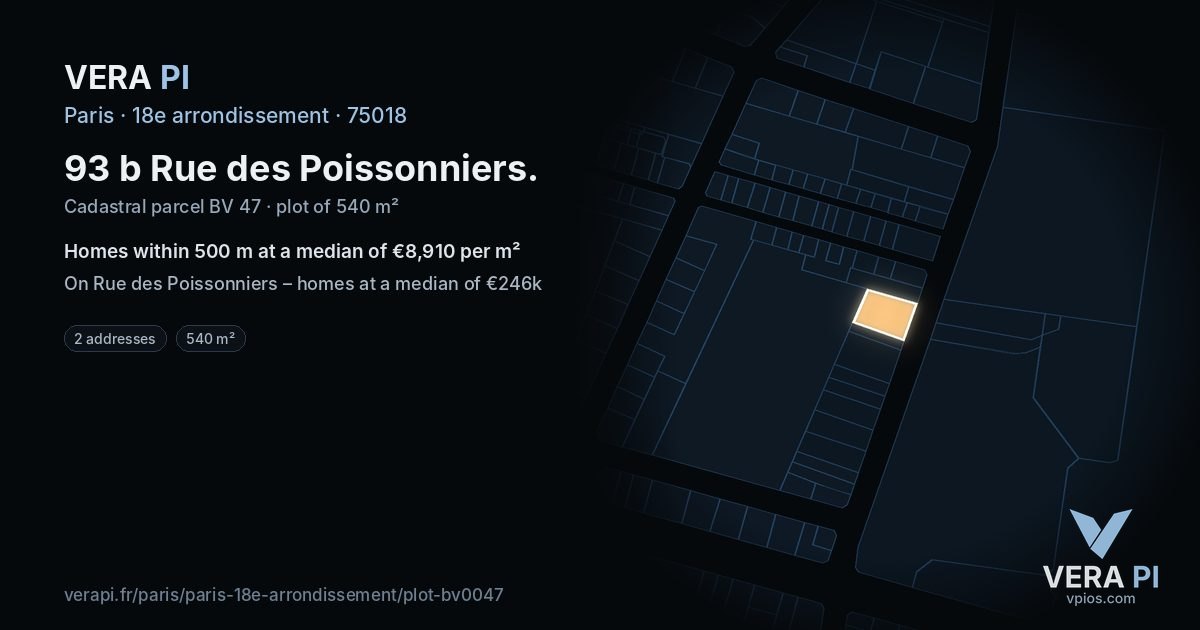 93 b Rue des Poissonniers, 18e arrondissement at night – the plot lit, the parcels around coloured by the prices near them