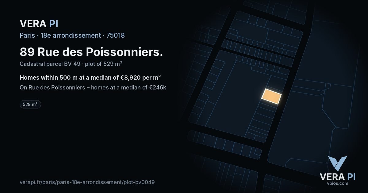 89 Rue des Poissonniers, 18e arrondissement at night – the plot lit, the parcels around coloured by the prices near them