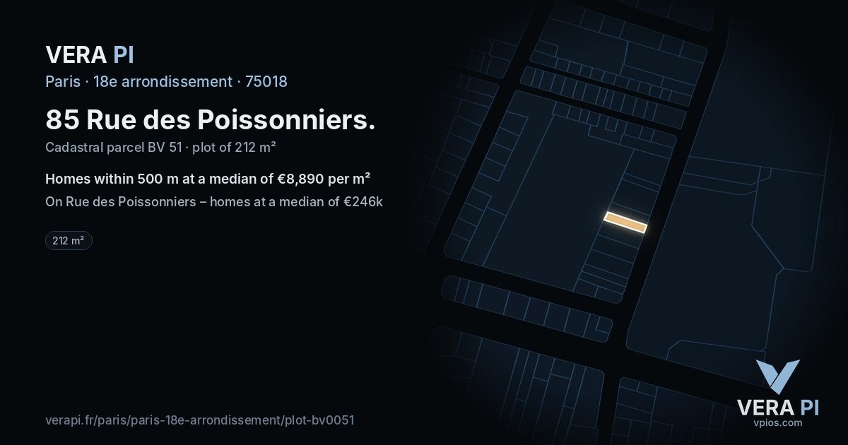85 Rue des Poissonniers, 18e arrondissement at night – the plot lit, the parcels around coloured by the prices near them