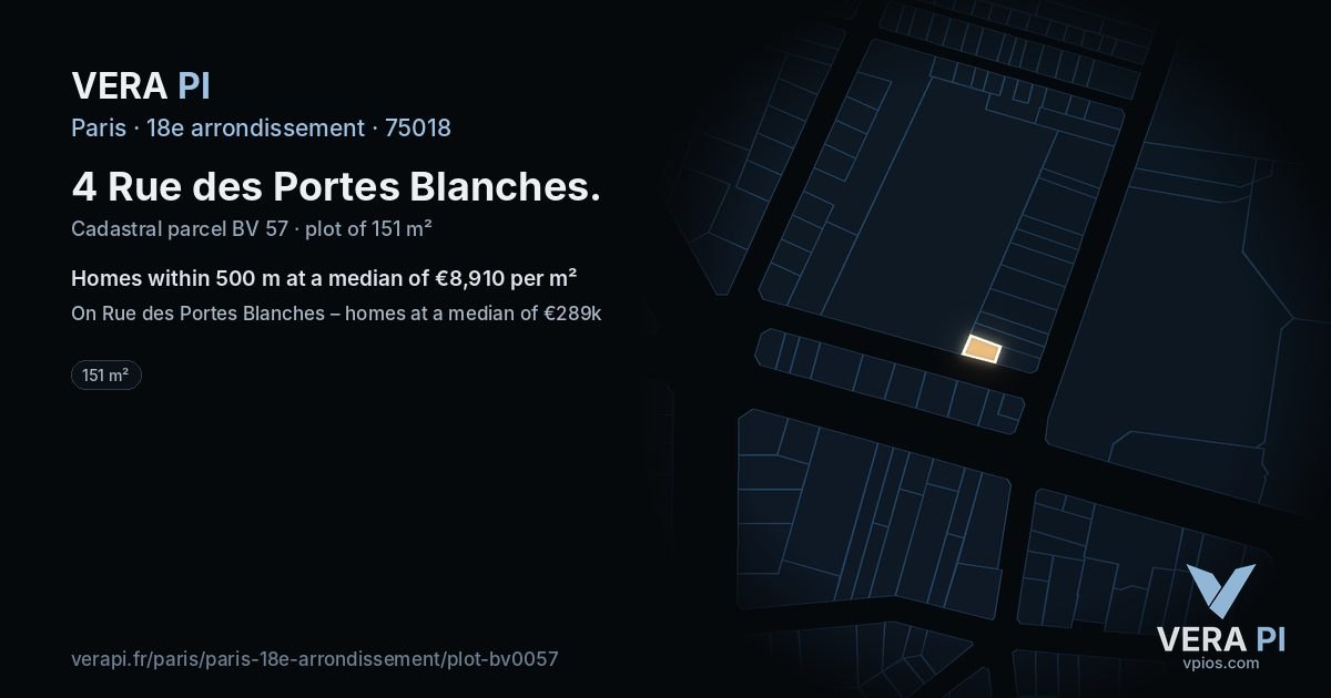 4 Rue des Portes Blanches, 18e arrondissement at night – the plot lit, the parcels around coloured by the prices near them