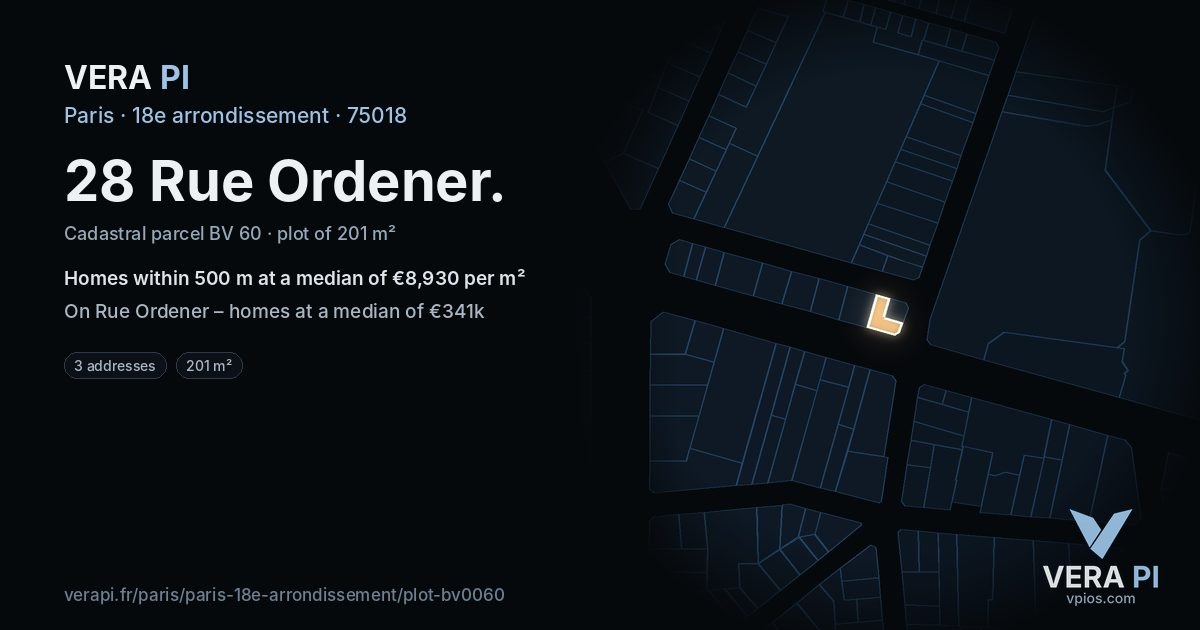 28 Rue Ordener, 18e arrondissement at night – the plot lit, the parcels around coloured by the prices near them