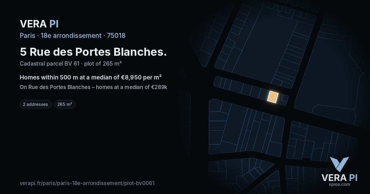 5 Rue des Portes Blanches, 18e arrondissement at night – the plot lit, the parcels around coloured by the prices near them