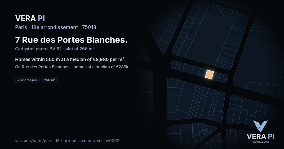 7 Rue des Portes Blanches, 18e arrondissement at night – the plot lit, the parcels around coloured by the prices near them