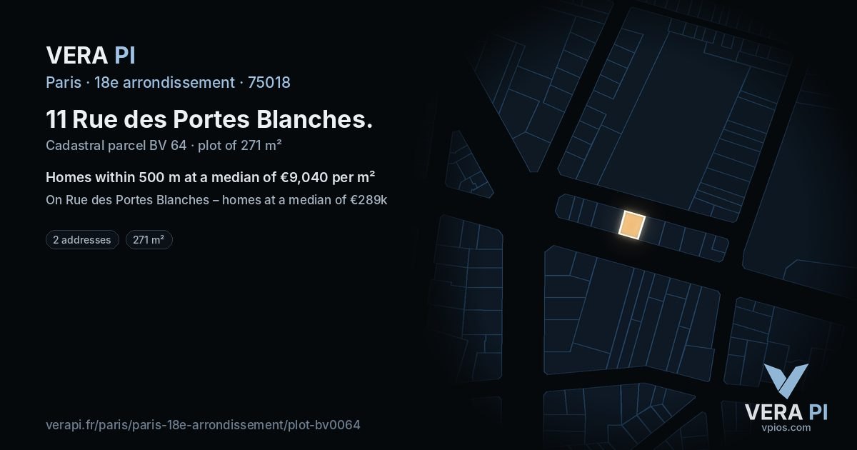 11 Rue des Portes Blanches, 18e arrondissement at night – the plot lit, the parcels around coloured by the prices near them