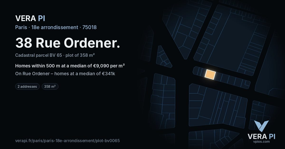 38 Rue Ordener, 18e arrondissement at night – the plot lit, the parcels around coloured by the prices near them