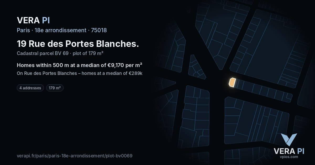 19 Rue des Portes Blanches, 18e arrondissement at night – the plot lit, the parcels around coloured by the prices near them