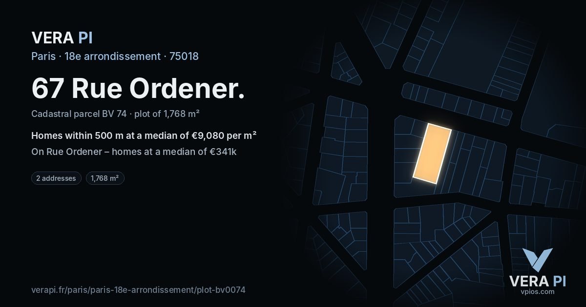 67 Rue Ordener, 18e arrondissement at night – the plot lit, the parcels around coloured by the prices near them