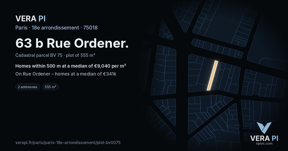 63 b Rue Ordener, 18e arrondissement at night – the plot lit, the parcels around coloured by the prices near them
