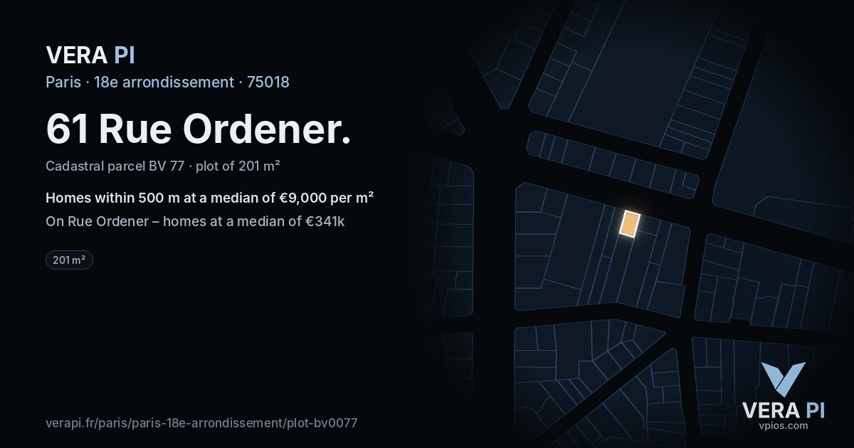 61 Rue Ordener, 18e arrondissement at night – the plot lit, the parcels around coloured by the prices near them