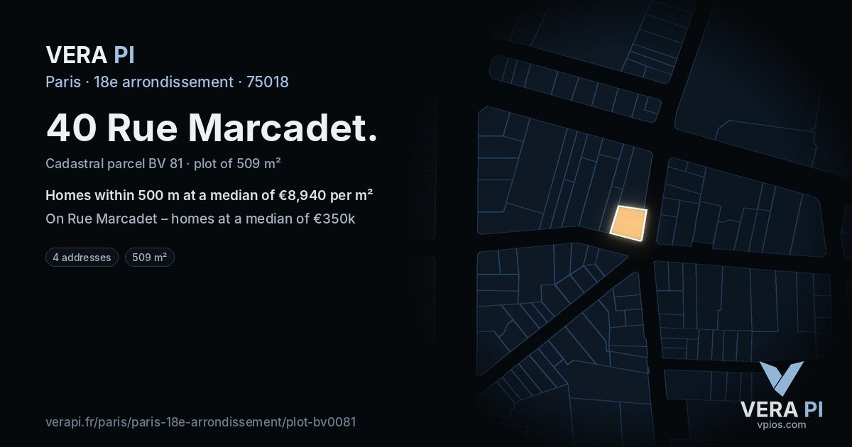 40 Rue Marcadet, 18e arrondissement at night – the plot lit, the parcels around coloured by the prices near them