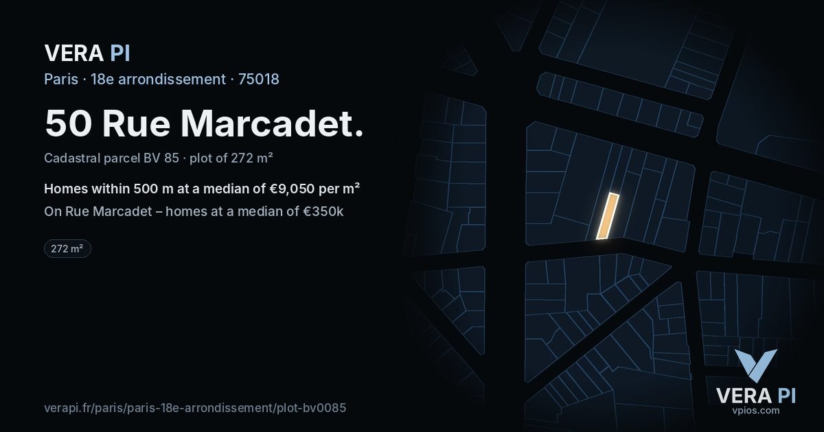 50 Rue Marcadet, 18e arrondissement at night – the plot lit, the parcels around coloured by the prices near them