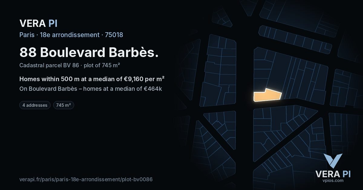 88 Boulevard Barbès, 18e arrondissement at night – the plot lit, the parcels around coloured by the prices near them