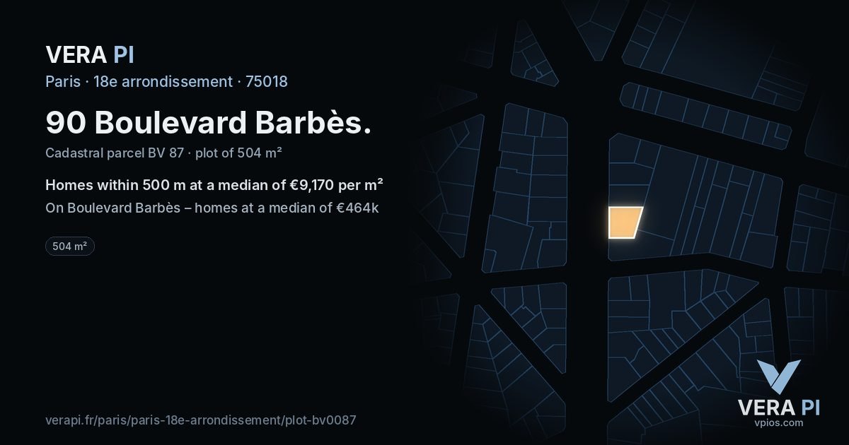90 Boulevard Barbès, 18e arrondissement at night – the plot lit, the parcels around coloured by the prices near them
