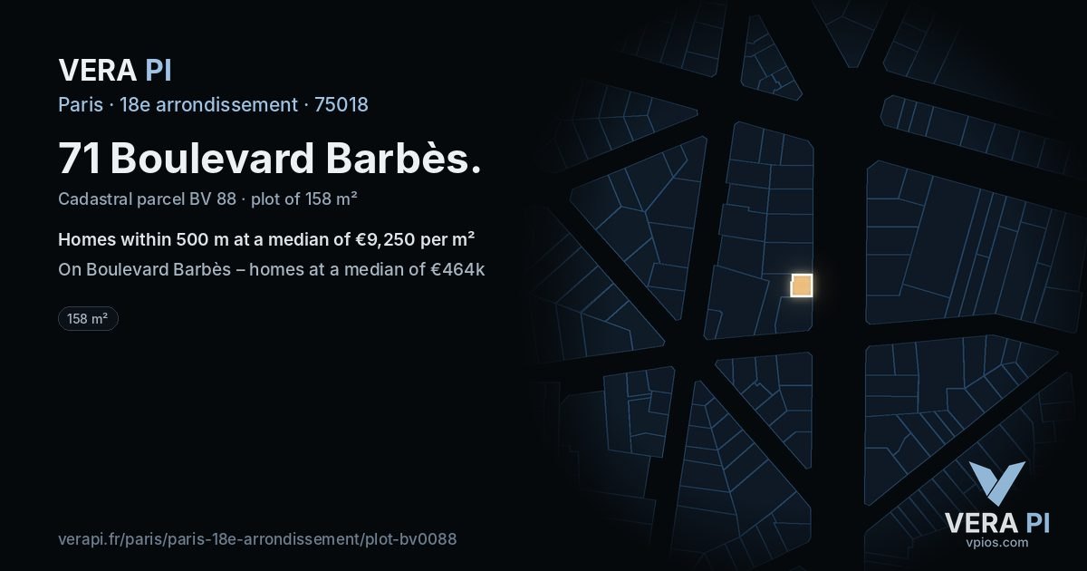 71 Boulevard Barbès, 18e arrondissement at night – the plot lit, the parcels around coloured by the prices near them
