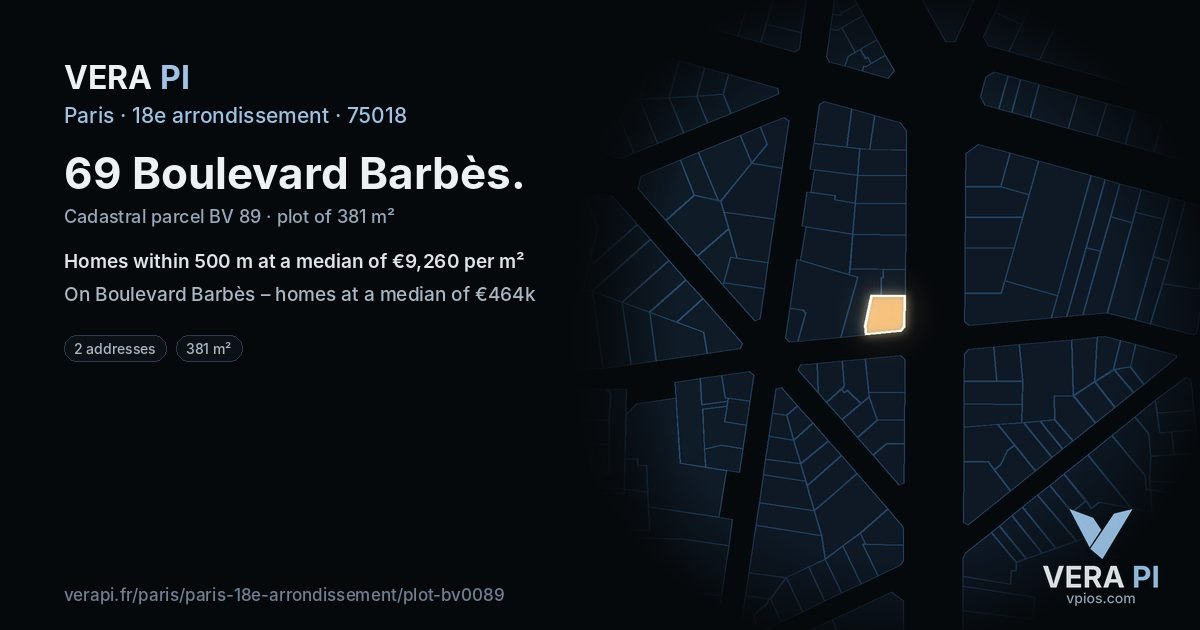 69 Boulevard Barbès, 18e arrondissement at night – the plot lit, the parcels around coloured by the prices near them