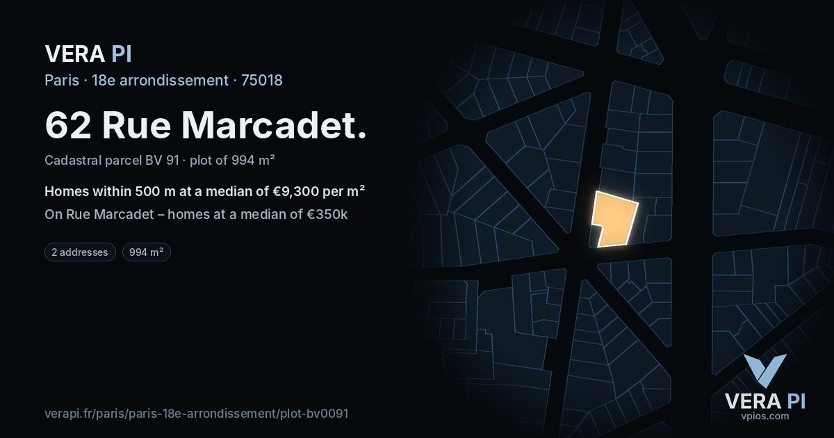 62 Rue Marcadet, 18e arrondissement at night – the plot lit, the parcels around coloured by the prices near them