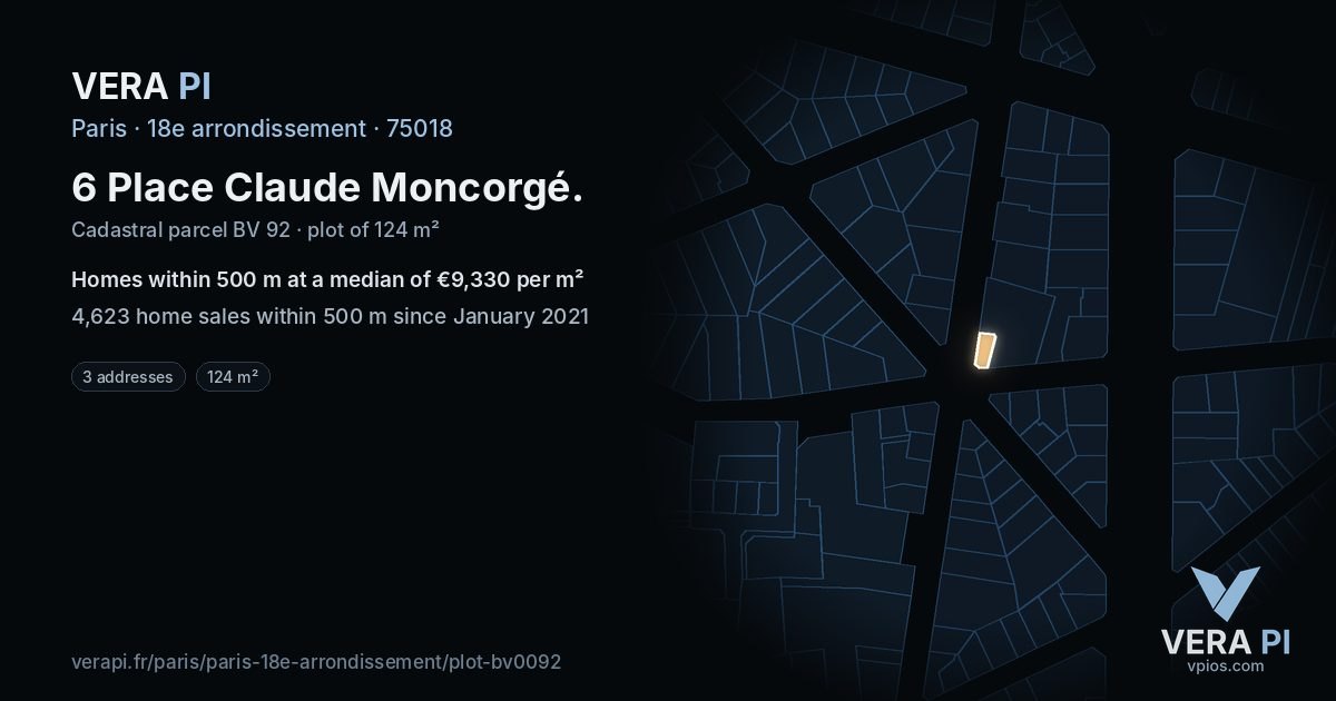 6 Place Claude Moncorgé, 18e arrondissement at night – the plot lit, the parcels around coloured by the prices near them