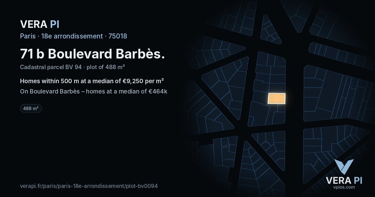 71 b Boulevard Barbès, 18e arrondissement at night – the plot lit, the parcels around coloured by the prices near them