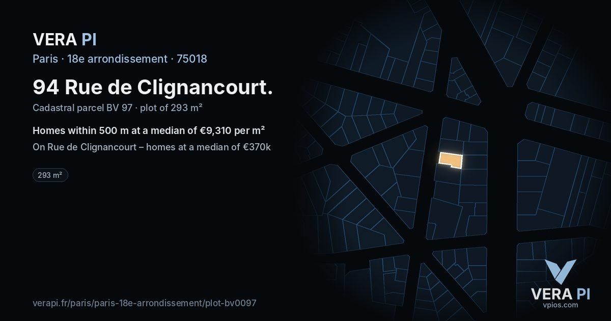 94 Rue de Clignancourt, 18e arrondissement at night – the plot lit, the parcels around coloured by the prices near them