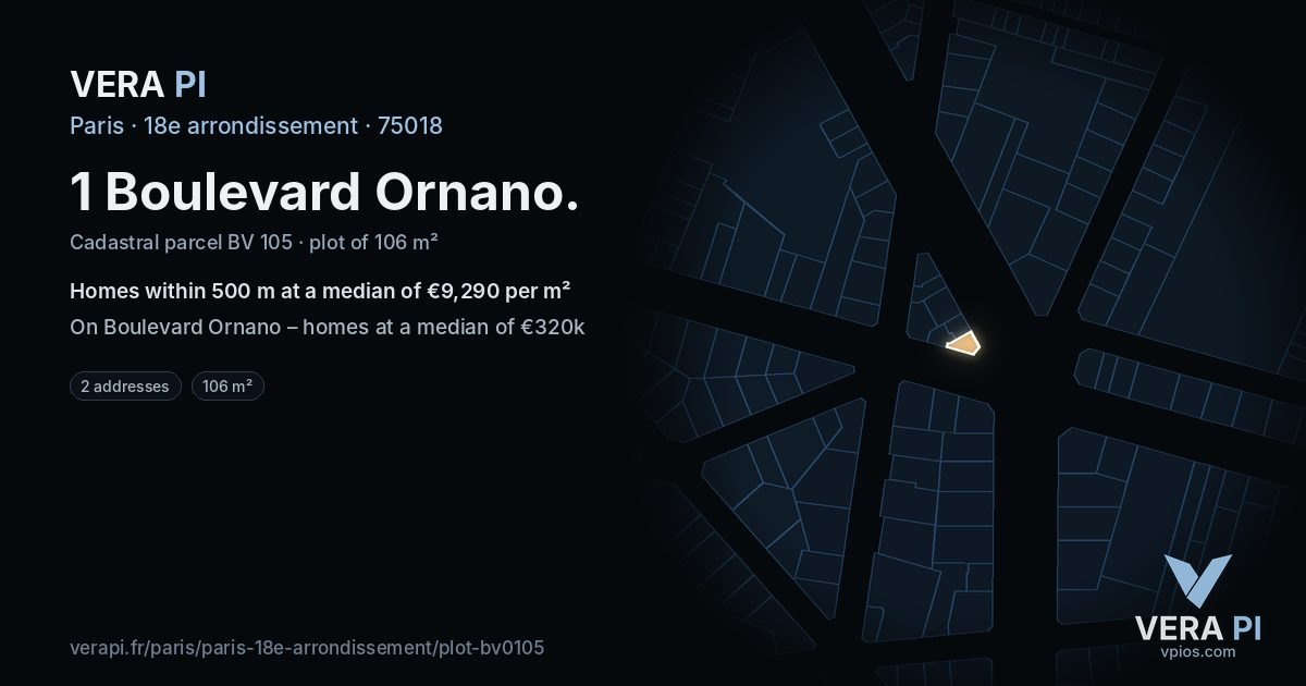 1 Boulevard Ornano, 18e arrondissement at night – the plot lit, the parcels around coloured by the prices near them