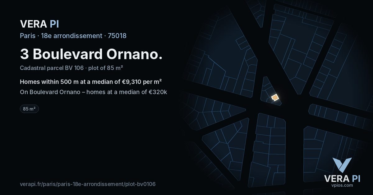 3 Boulevard Ornano, 18e arrondissement at night – the plot lit, the parcels around coloured by the prices near them