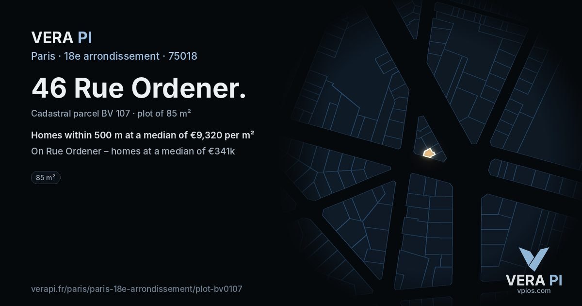 46 Rue Ordener, 18e arrondissement at night – the plot lit, the parcels around coloured by the prices near them