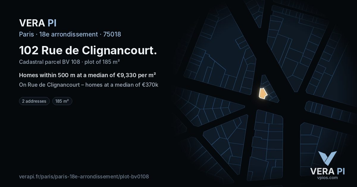 102 Rue de Clignancourt, 18e arrondissement at night – the plot lit, the parcels around coloured by the prices near them