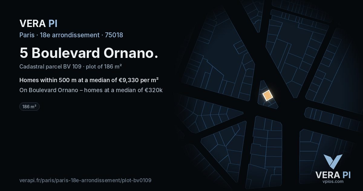 5 Boulevard Ornano, 18e arrondissement at night – the plot lit, the parcels around coloured by the prices near them
