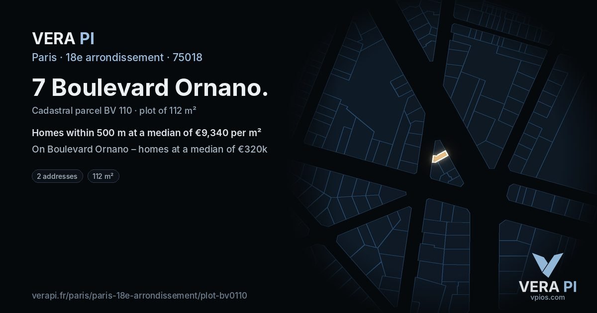 7 Boulevard Ornano, 18e arrondissement at night – the plot lit, the parcels around coloured by the prices near them
