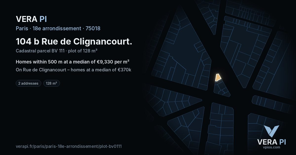 104 b Rue de Clignancourt, 18e arrondissement at night – the plot lit, the parcels around coloured by the prices near them