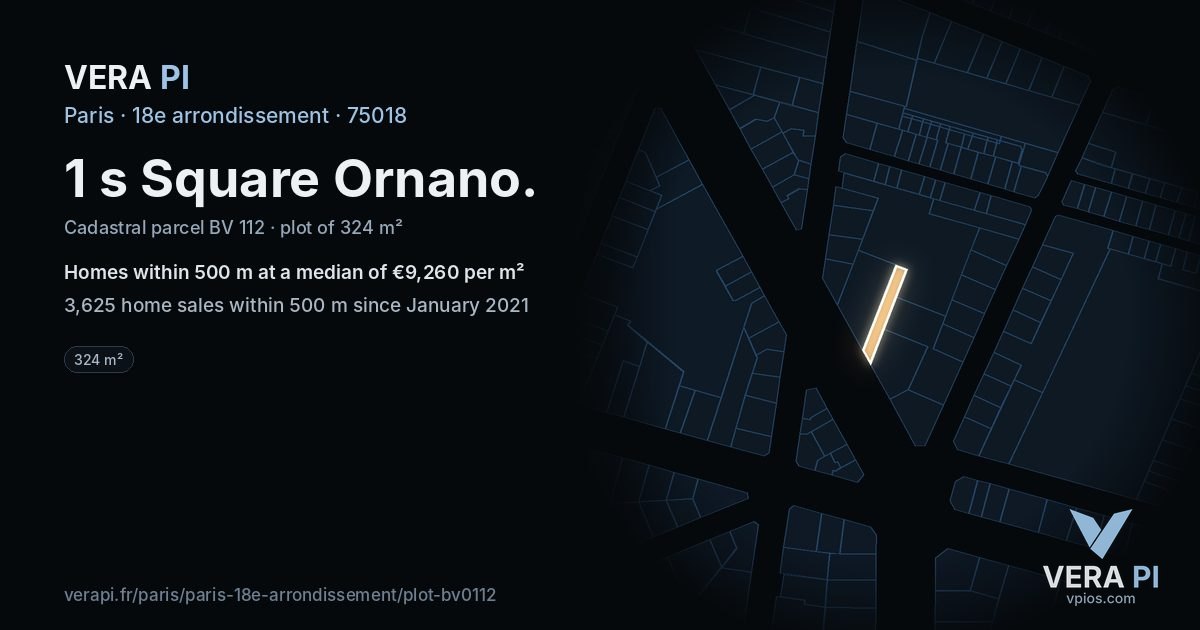 1 s Square Ornano, 18e arrondissement at night – the plot lit, the parcels around coloured by the prices near them