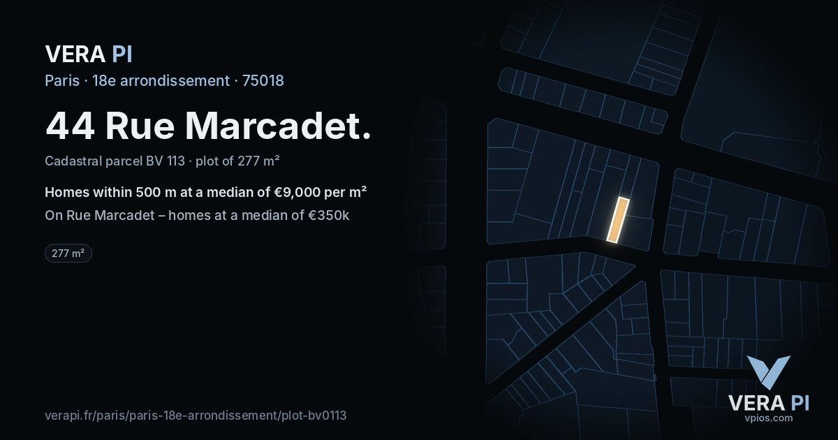 44 Rue Marcadet, 18e arrondissement at night – the plot lit, the parcels around coloured by the prices near them